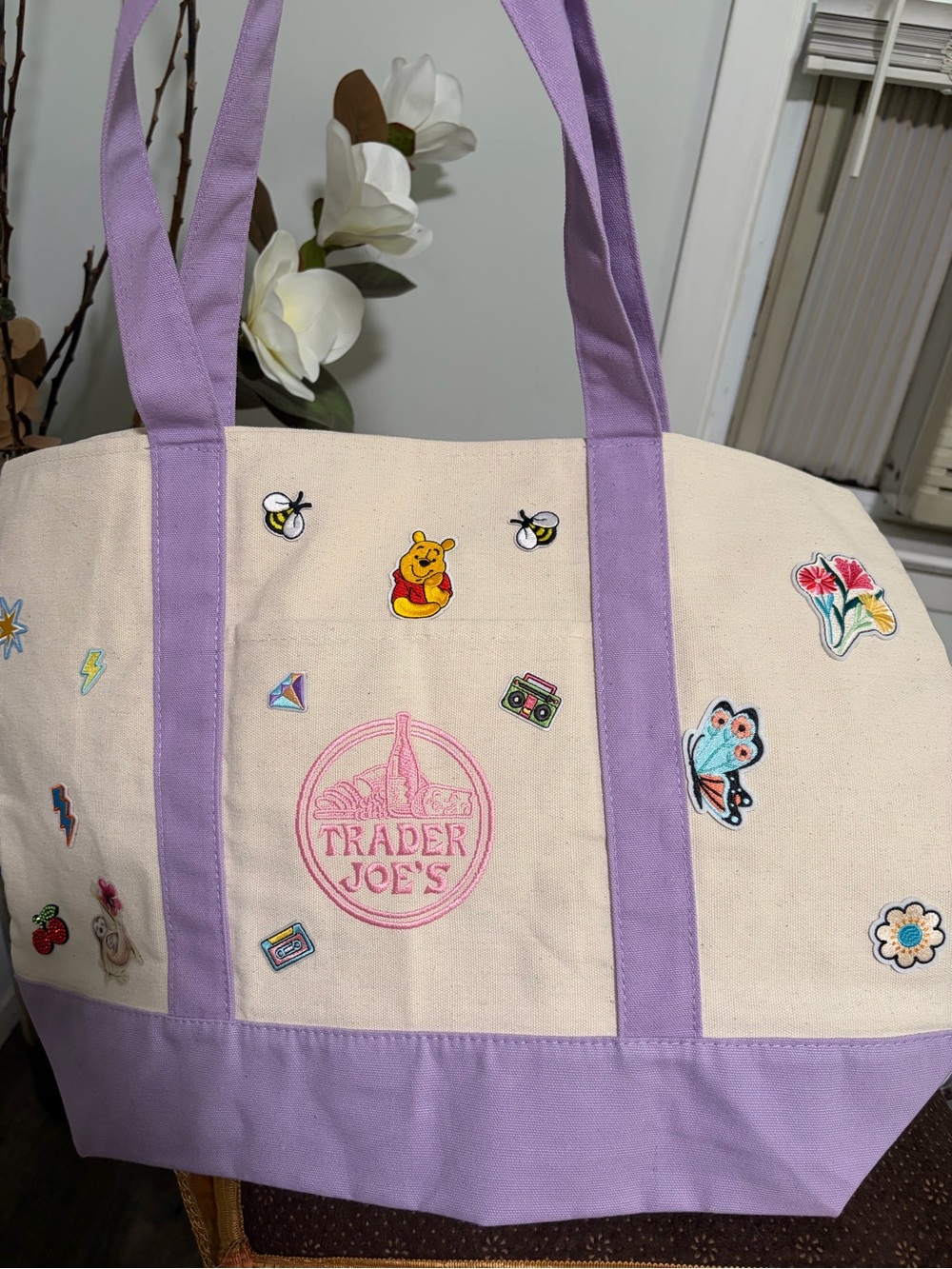 Cream Canvas Tote with Lavender Straps - Embroidered Design